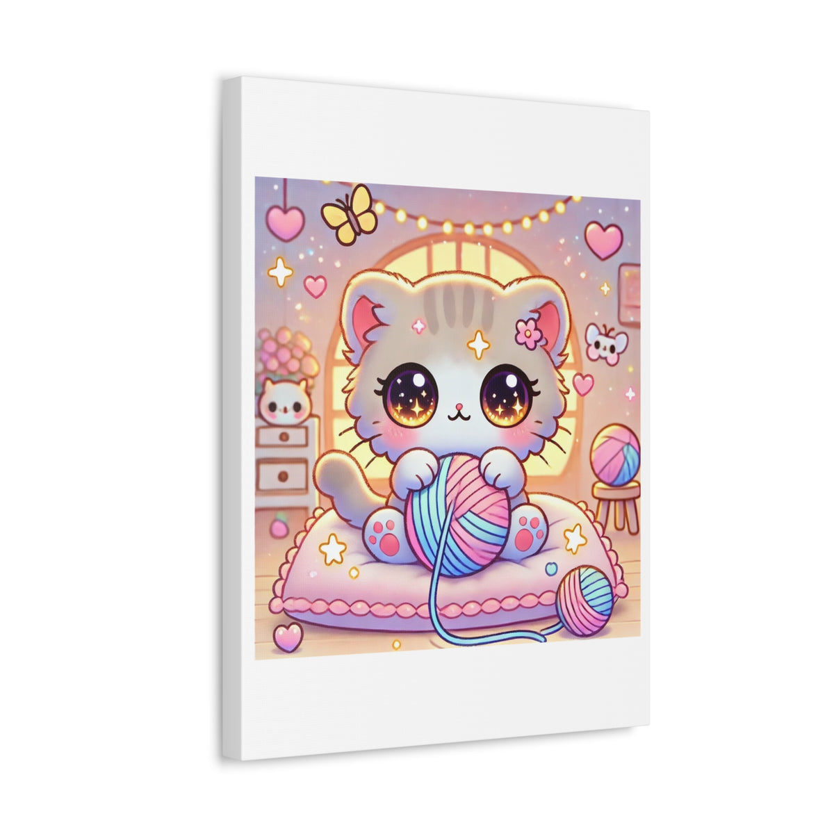 Cozy Kawaii Knitting Cat Pastel Yarn Canvas Wall Art
