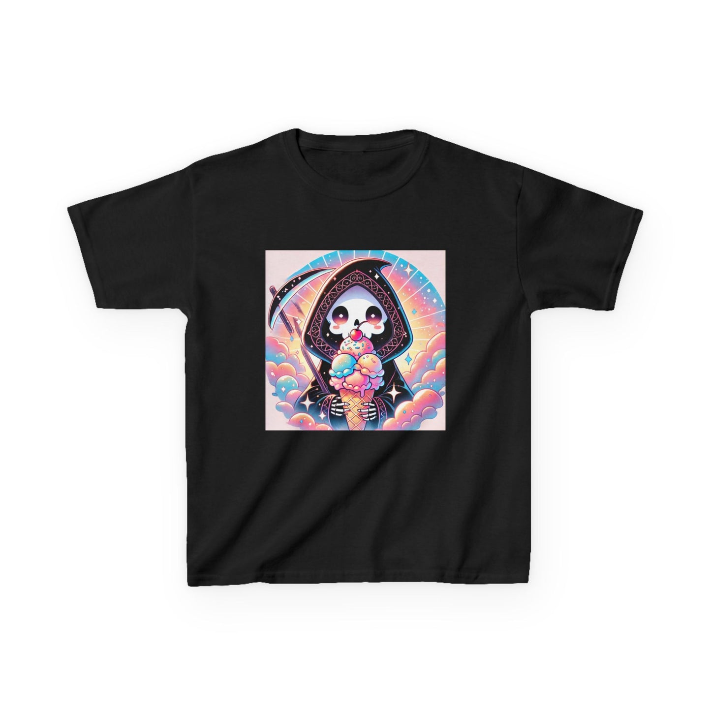 Grim Reaper Ice Cream Kawaii Anime Kids Short Sleeve Tee - Cute & Stylish Graphic T-Shirt - Fun Gift for Boys Girls!