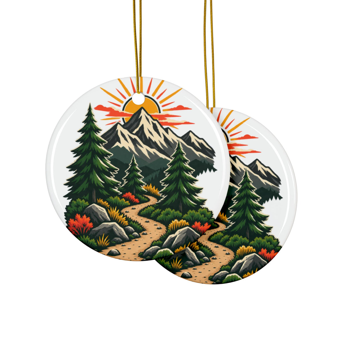 Sunrise Mountain Trail Outdoor Adventure Ceramic Ornament, Holiday Keepsake and