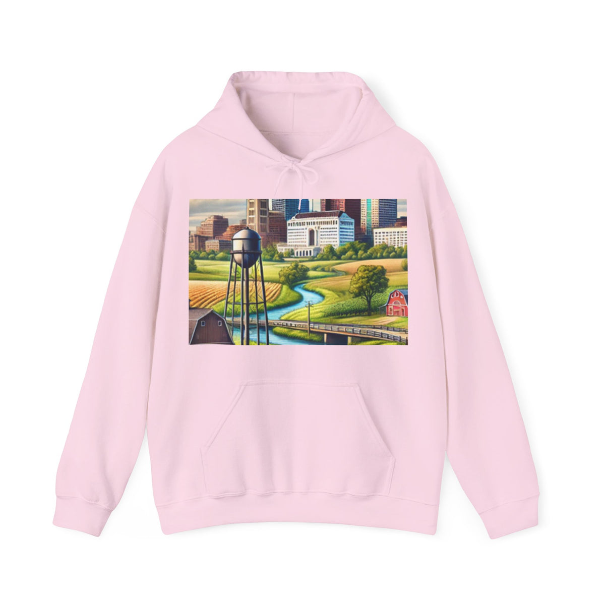 Rural River City Skyline Hometown Landscape Cozy Hoodie