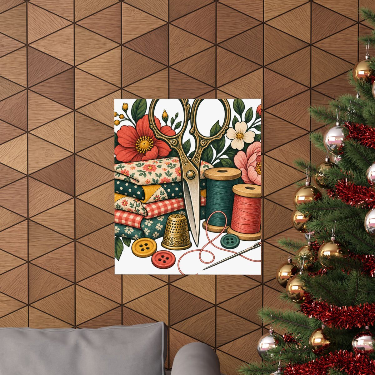 Retro Sewing Scissors Thread and Floral Art Poster