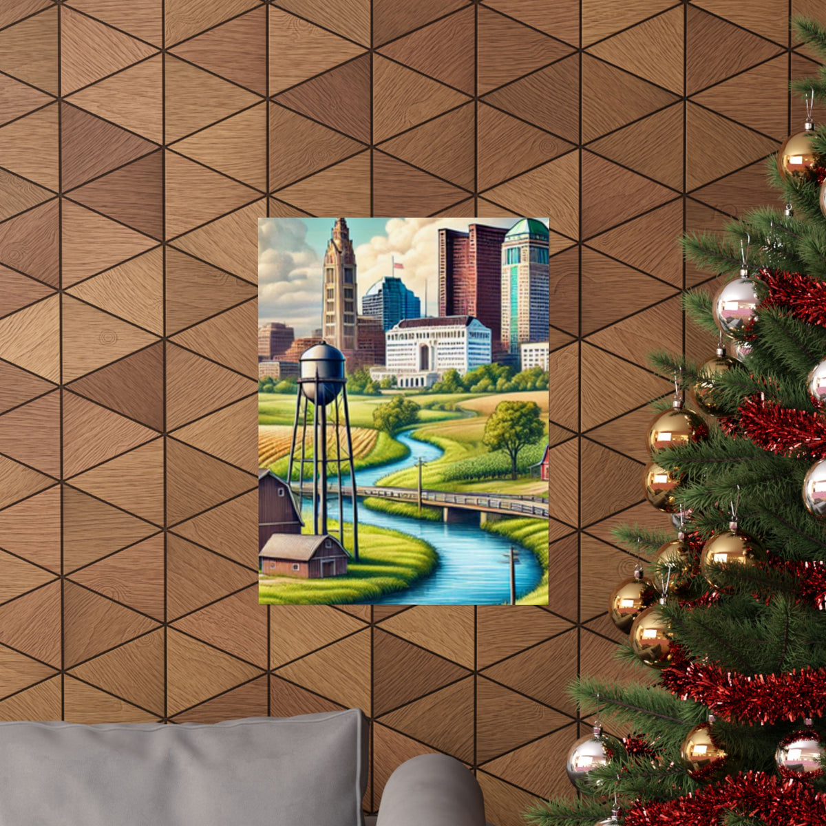 Rural River City Skyline Hometown Landscape Poster Art