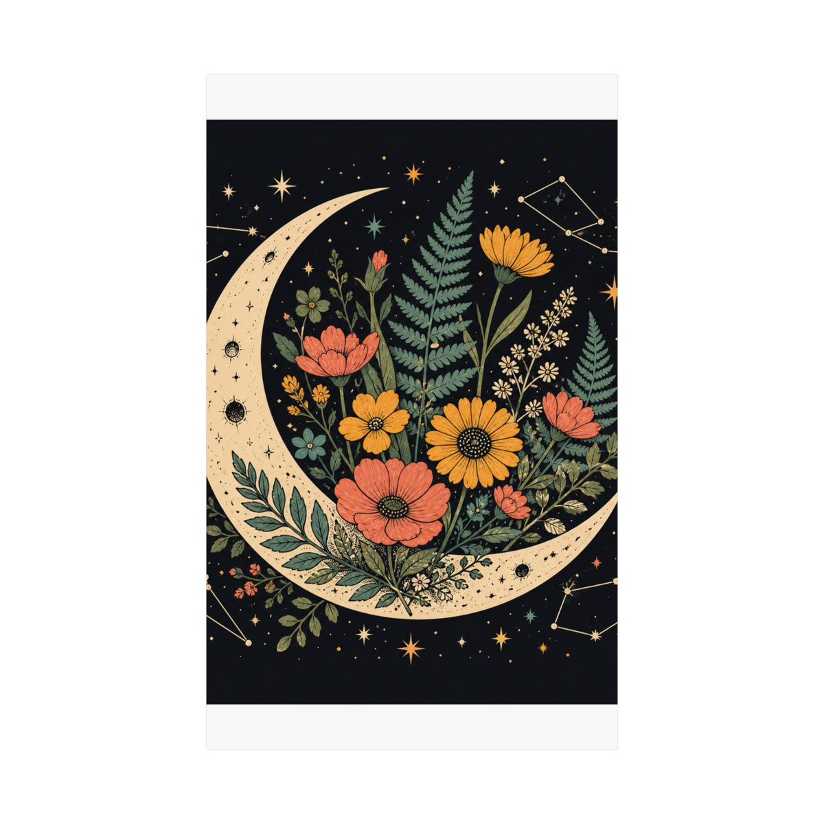 Celestial Wildflower Crescent Moon Botanical Art Poster