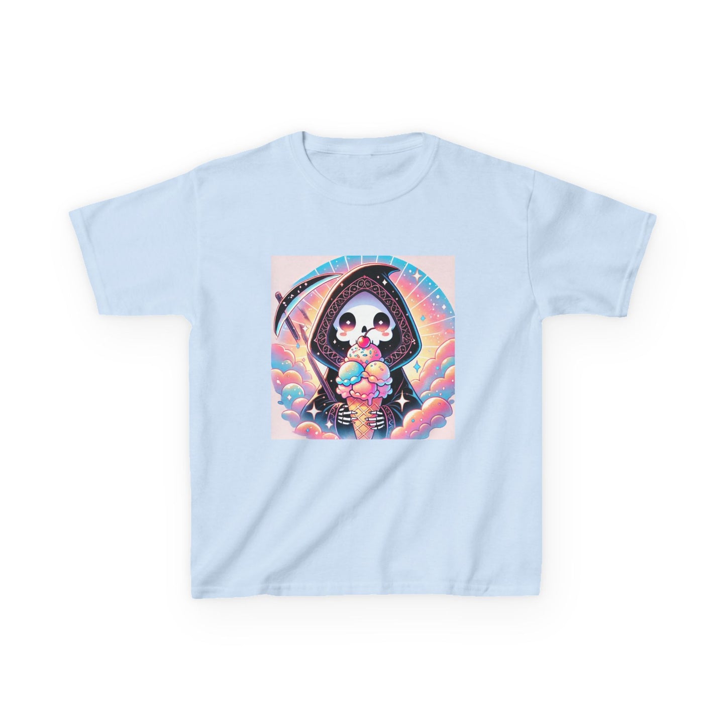 Grim Reaper Ice Cream Kawaii Anime Kids Short Sleeve Tee - Cute & Stylish Graphic T-Shirt - Fun Gift for Boys Girls!