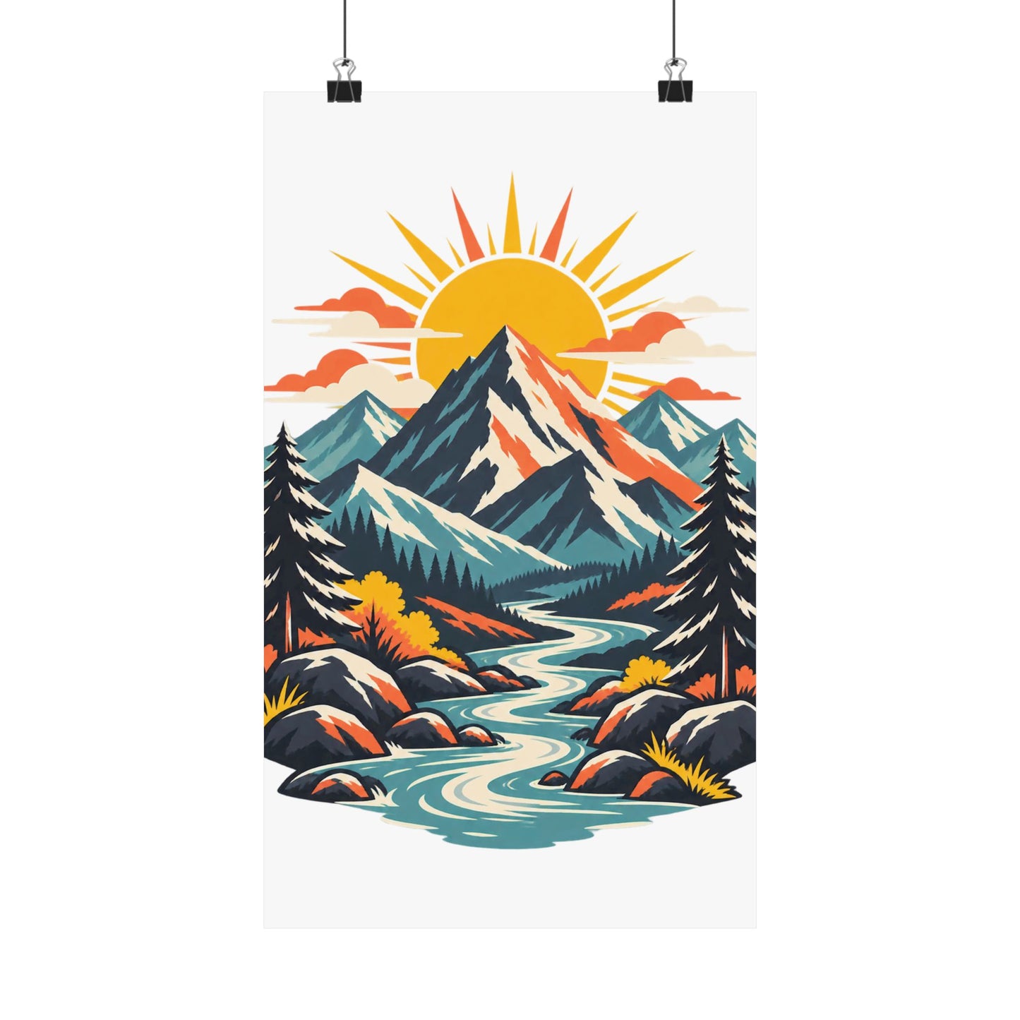 Alpine Sunrise River Mountain Adventure Art Poster