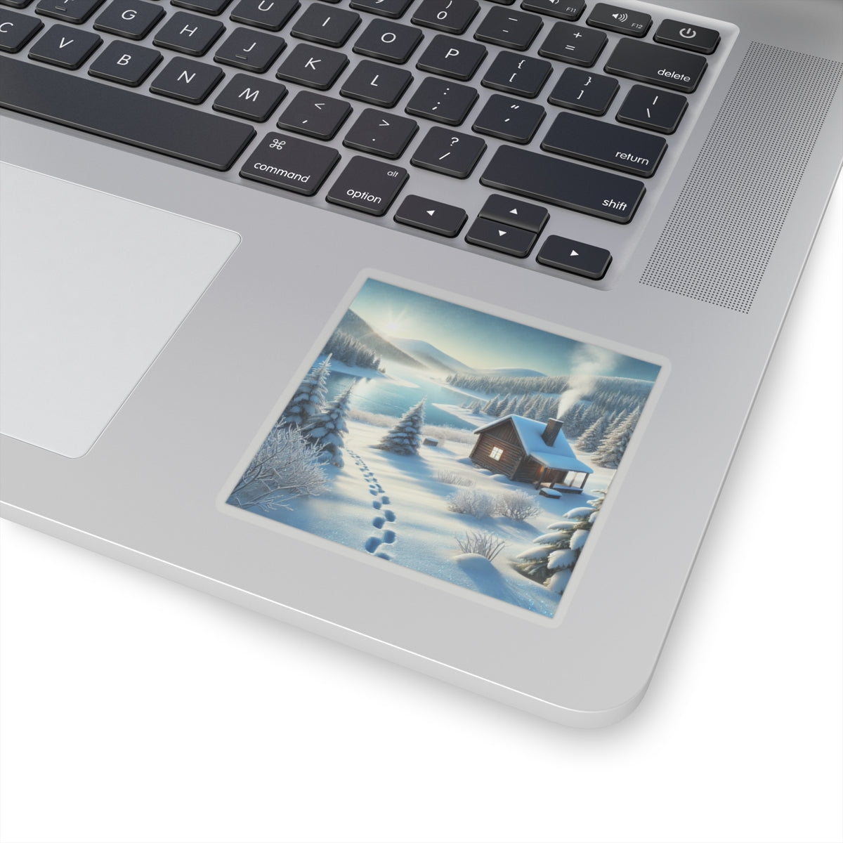 Snowy Cabin Winter Lake Landscape Art Sticker