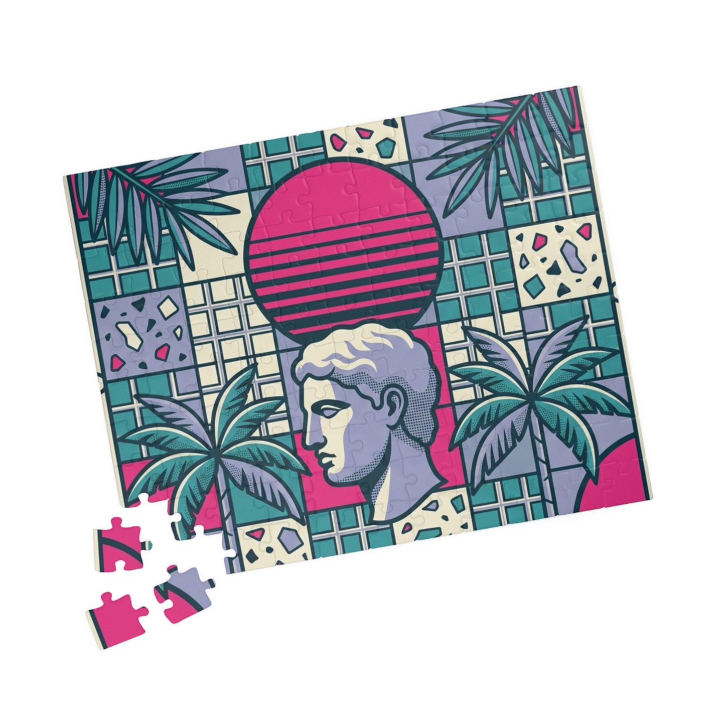 Vaporwave Roman Bust Puzzle | Retro Sunset Palm Trees 252-520-1014 pcs