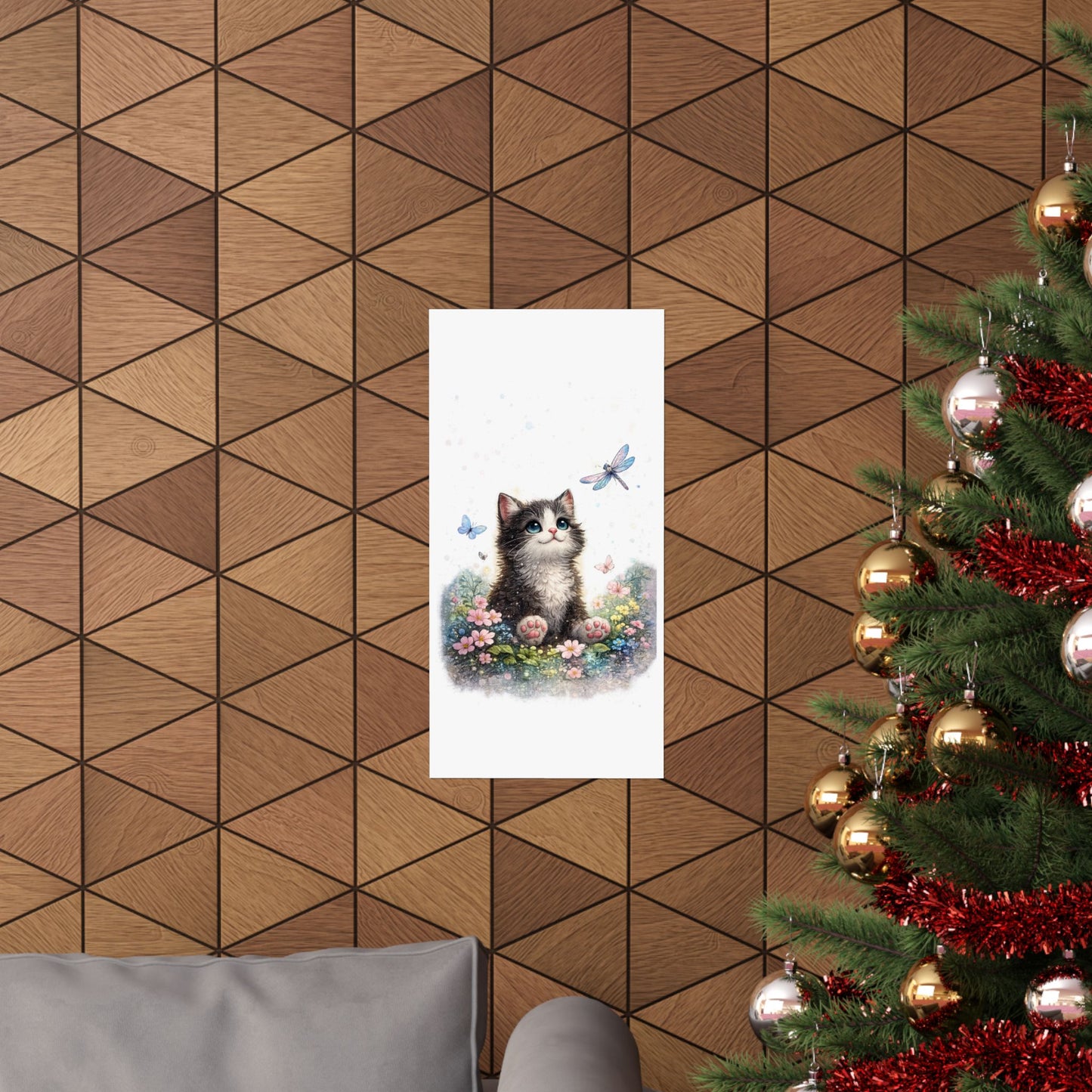 Whimsical Kitten Butterfly Garden Art Poster