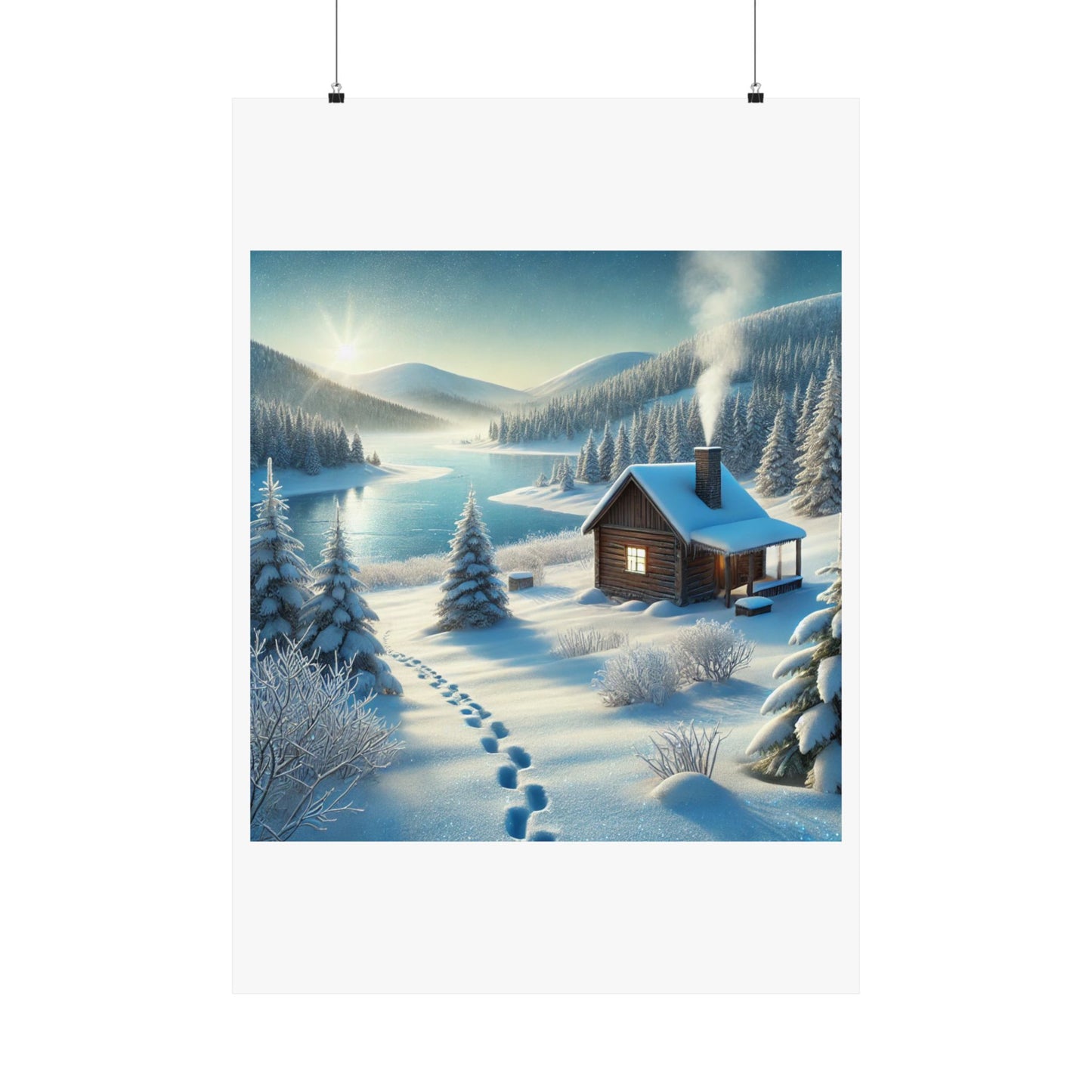 Snowy Cabin Winter Lake Landscape Art Poster