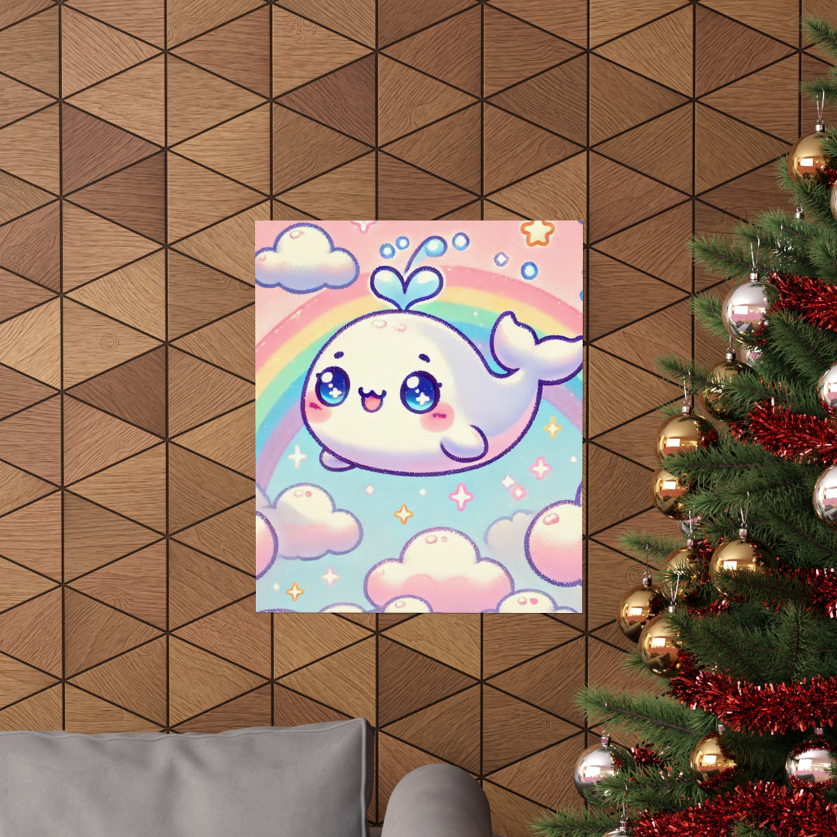 Kawaii Rainbow Whale Pastel Cloud Wall Art Poster