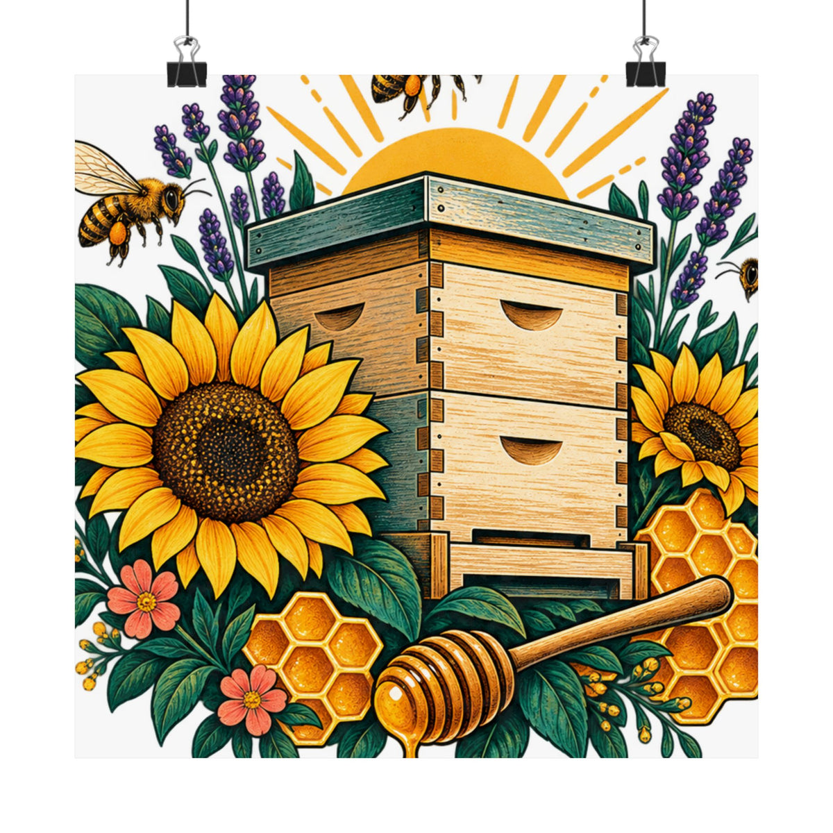 Retro Beehive Sunflowers and Pollinator Garden Art Poster