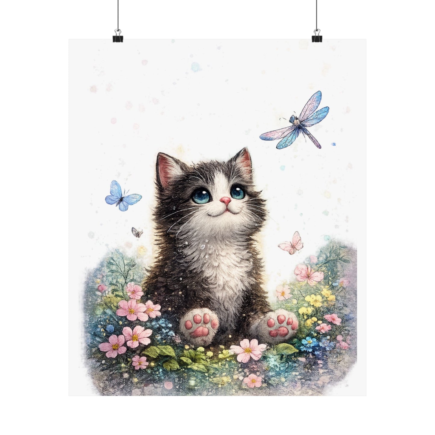 Whimsical Kitten Butterfly Garden Art Poster