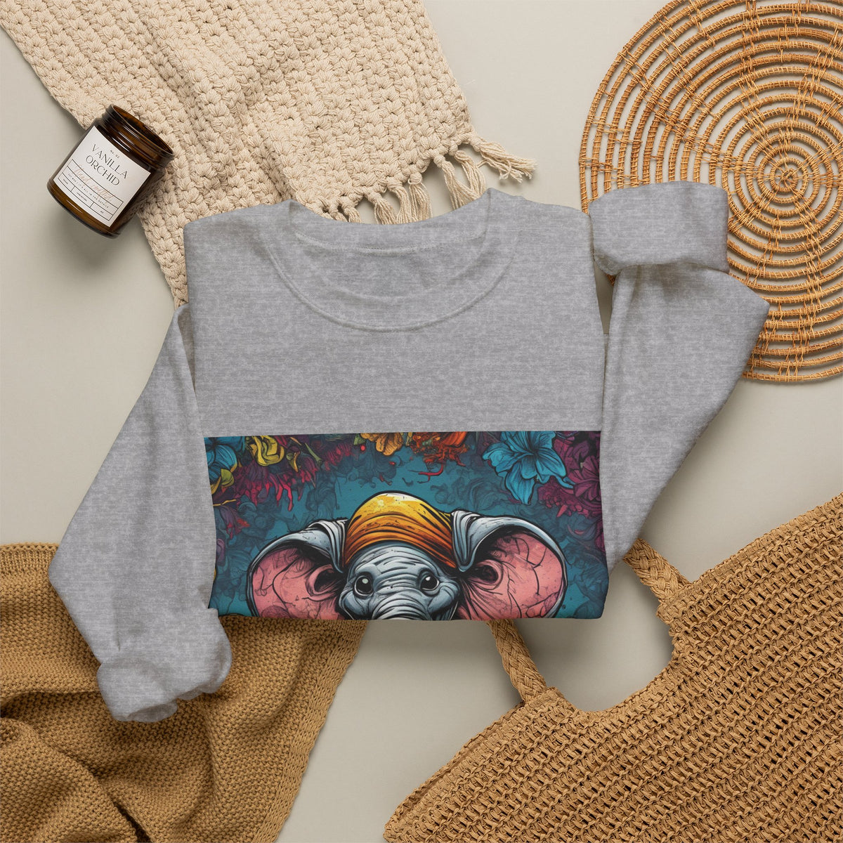 Colorful Storybook Elephant Floral Art Sweatshirt