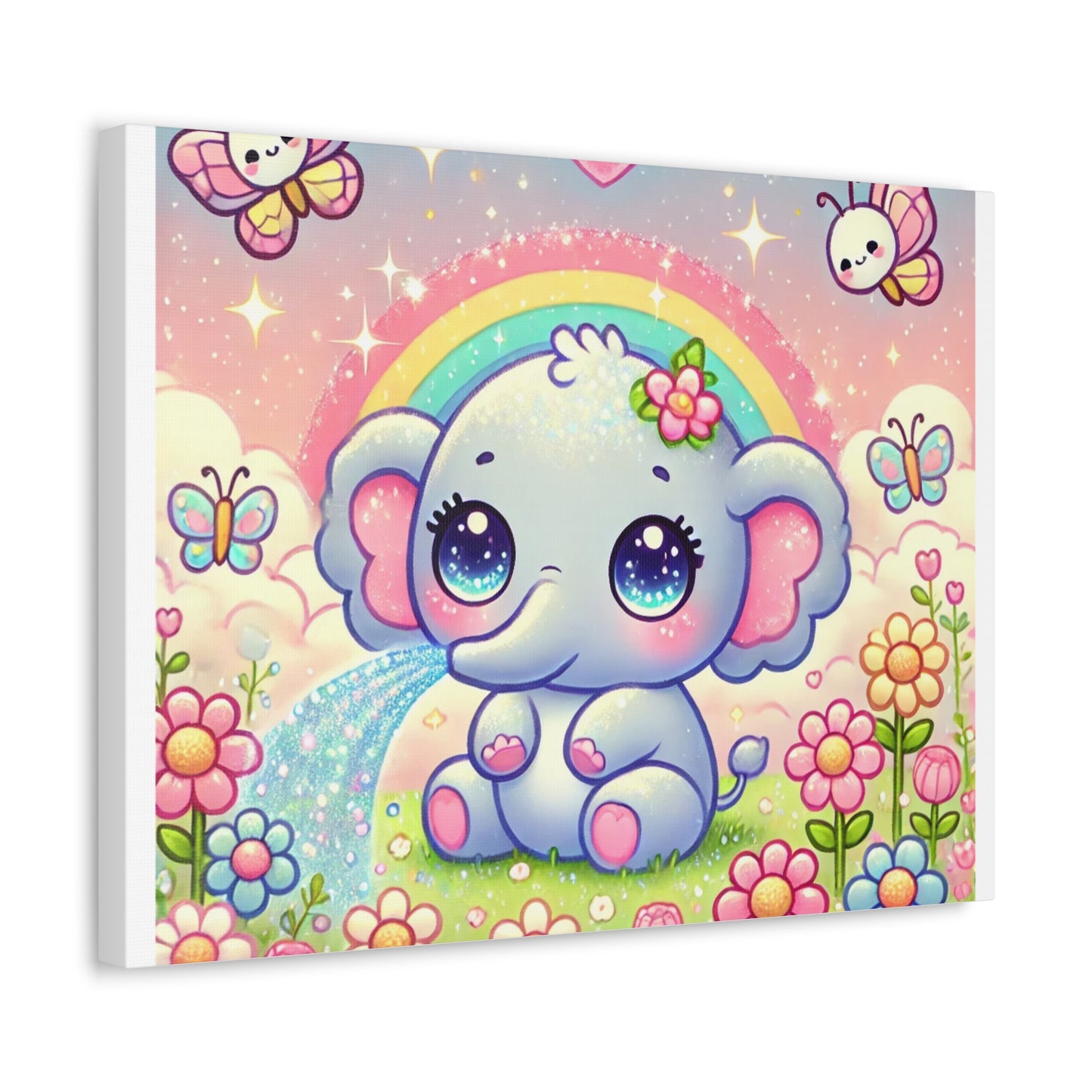 Pastel Rainbow Baby Elephant Floral Canvas Wall Art