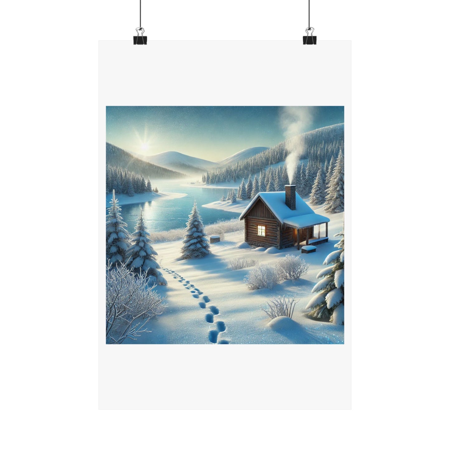 Snowy Cabin Winter Lake Landscape Art Poster