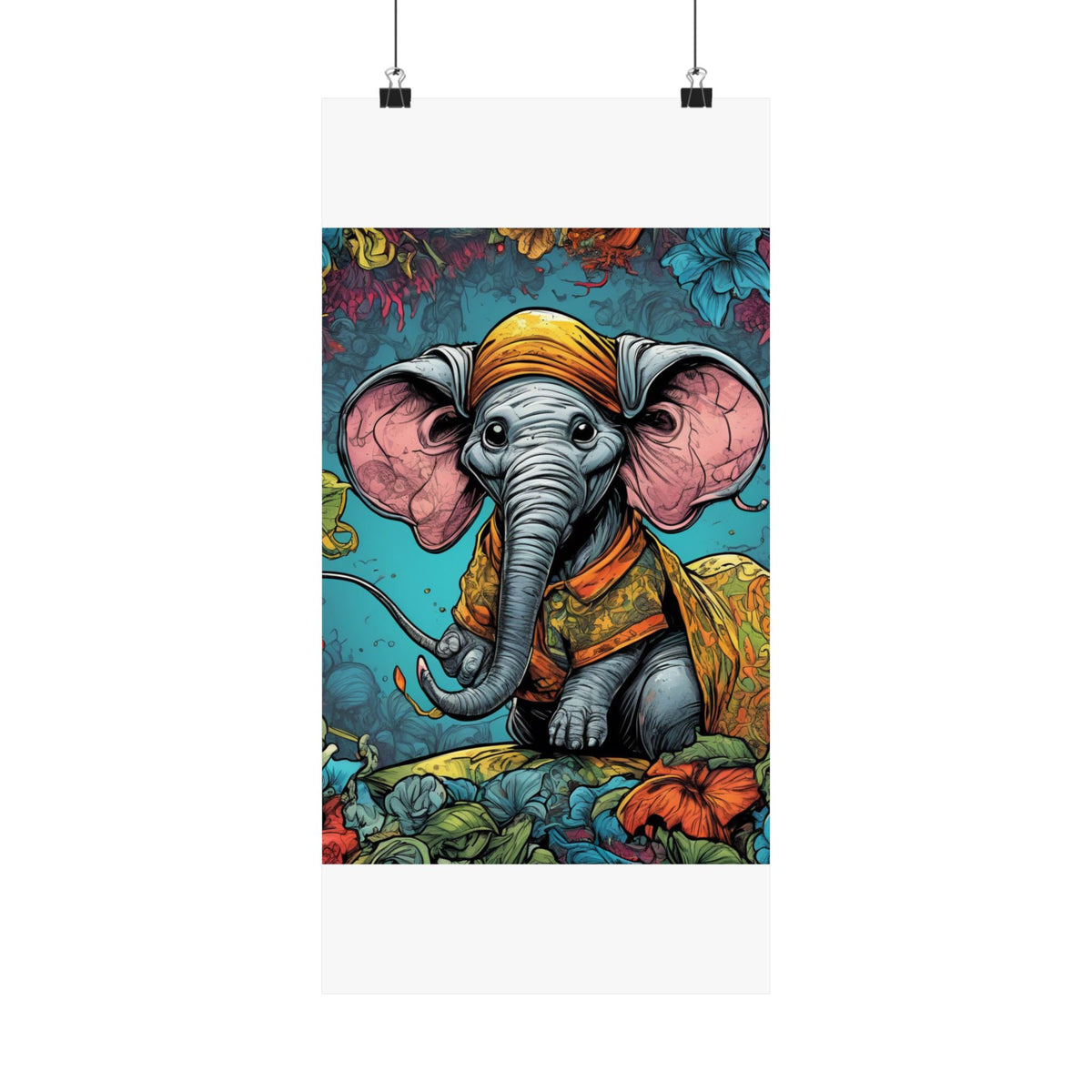 Colorful Storybook Elephant Floral Garden Wall Art Poster