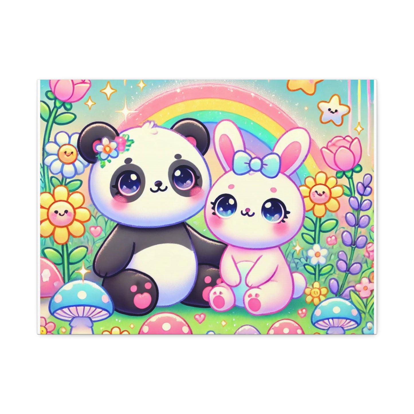 Pastel Panda and Bunny Rainbow Garden Canvas Wall Art