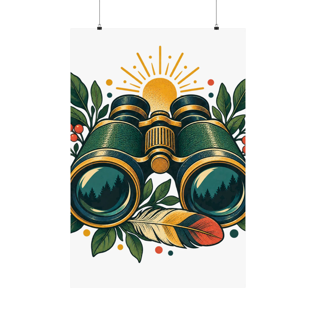 Retro Binoculars and Botanical Birdwatching Art Poster