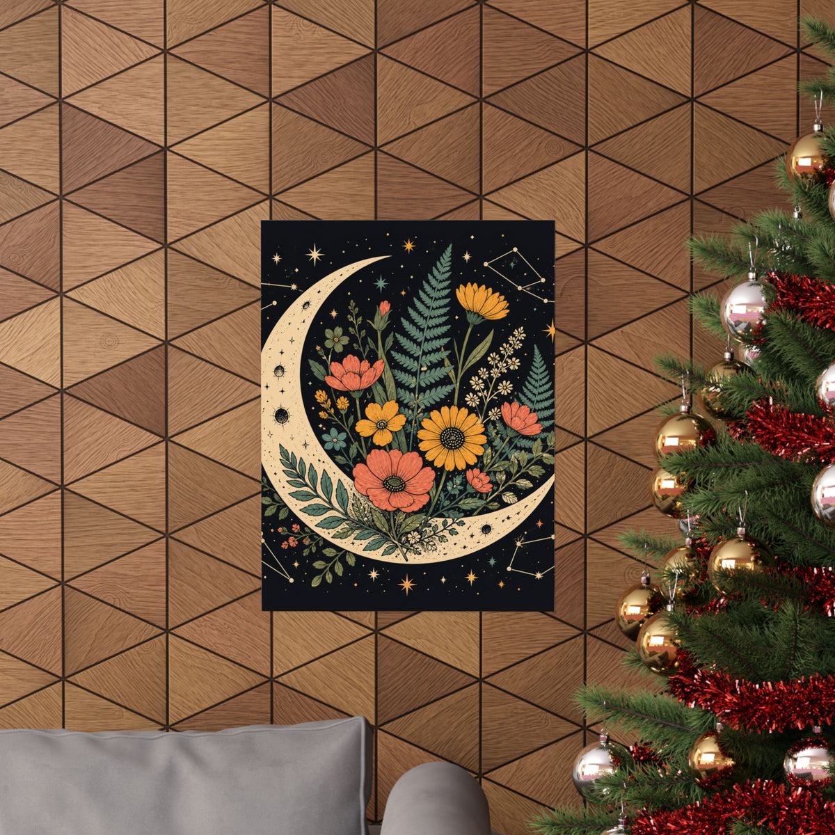 Celestial Wildflower Crescent Moon Botanical Art Poster