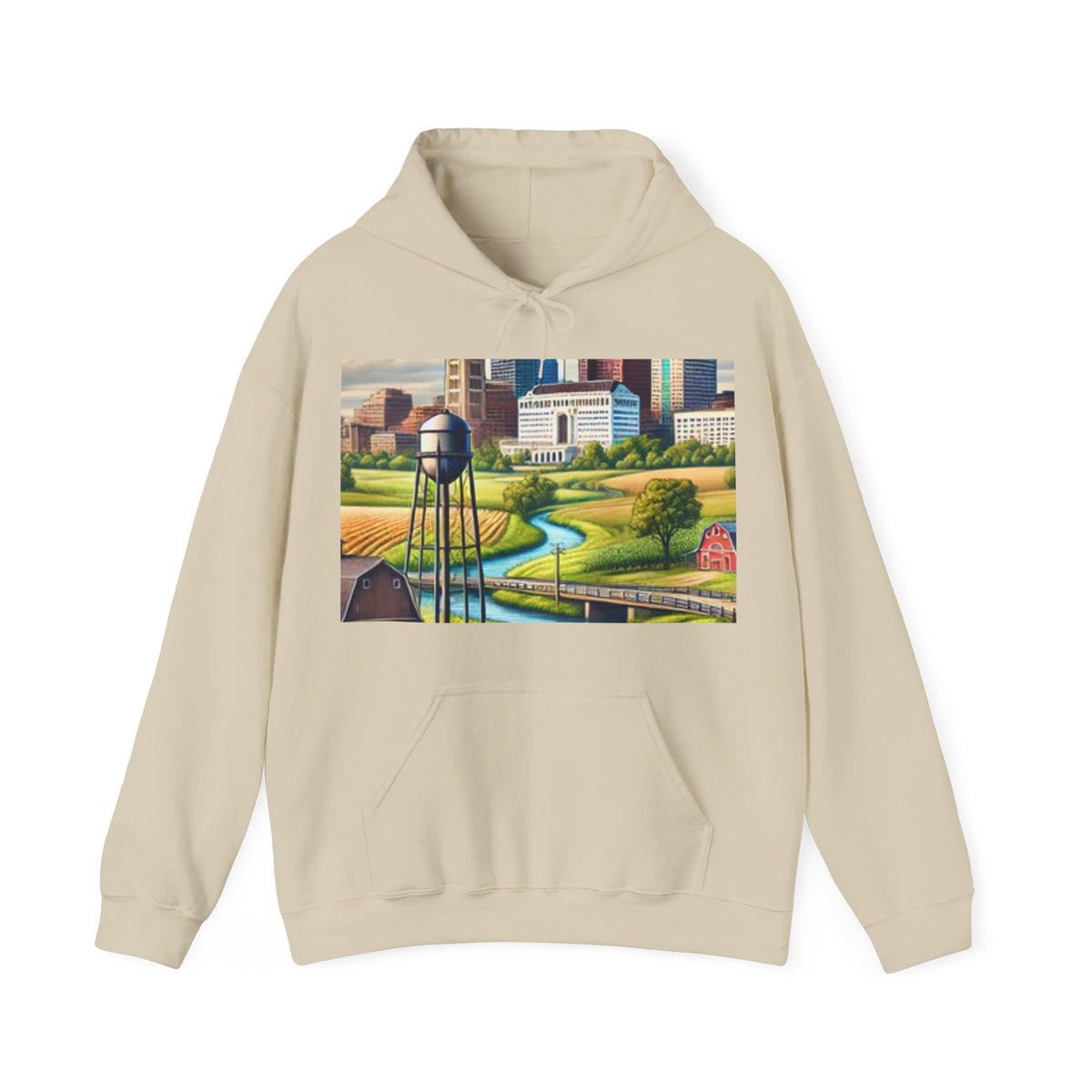Rural River City Skyline Hometown Landscape Cozy Hoodie