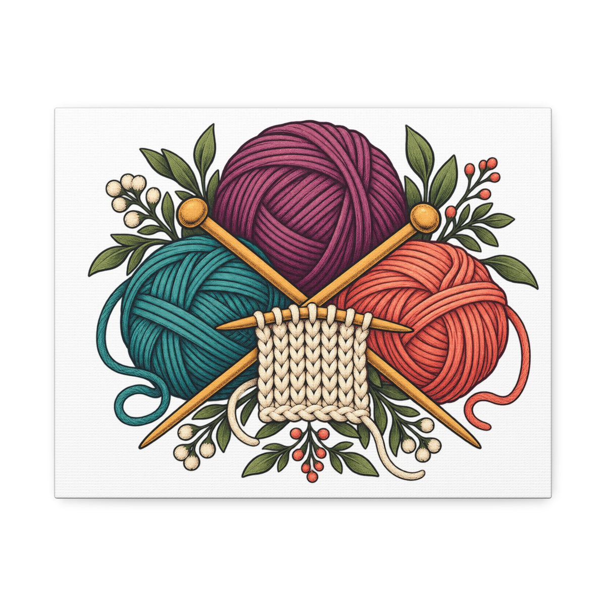 Retro Yarn and Knitting Botanical Art Canvas