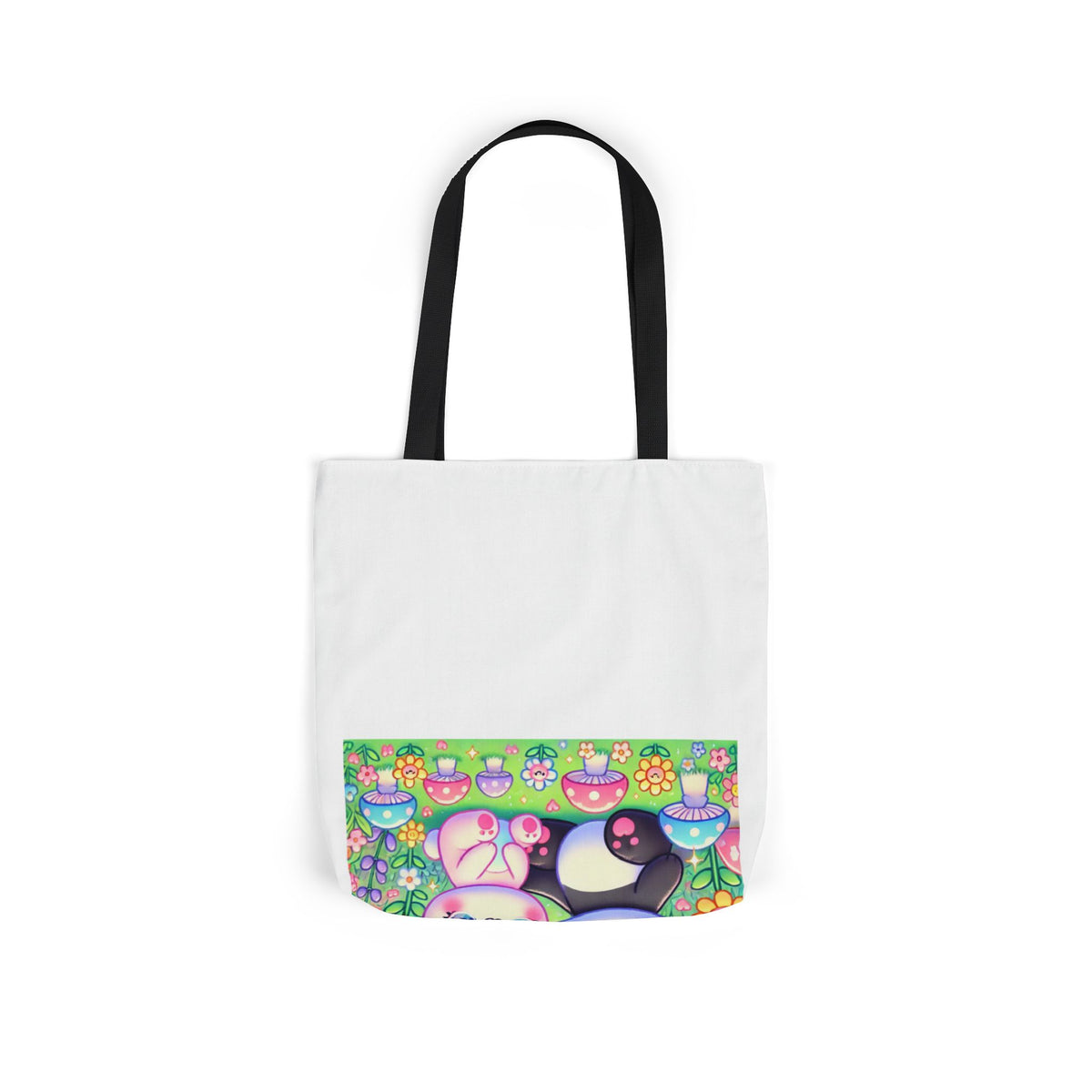 Pastel Panda and Bunny Rainbow Garden Canvas Tote Bag
