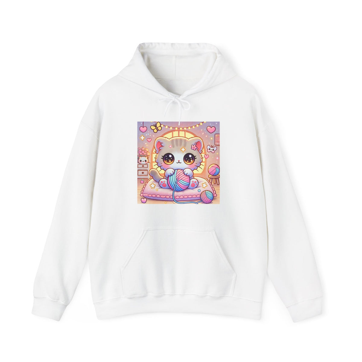 Cozy Kawaii Knitting Cat Pastel Yarn Hoodie