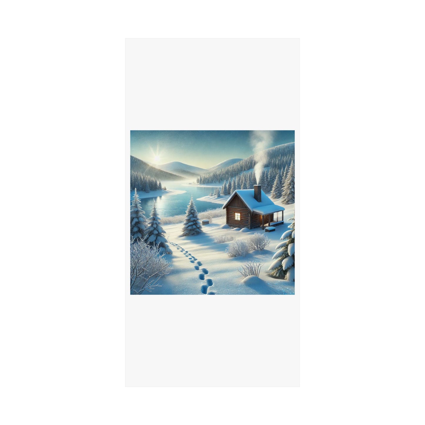 Snowy Cabin Winter Lake Landscape Art Poster