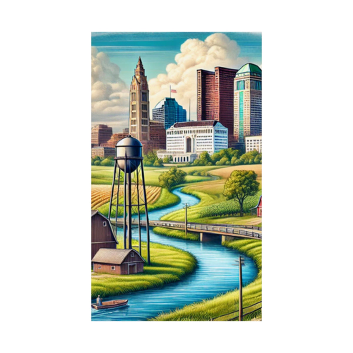 Rural River City Skyline Hometown Landscape Poster Art