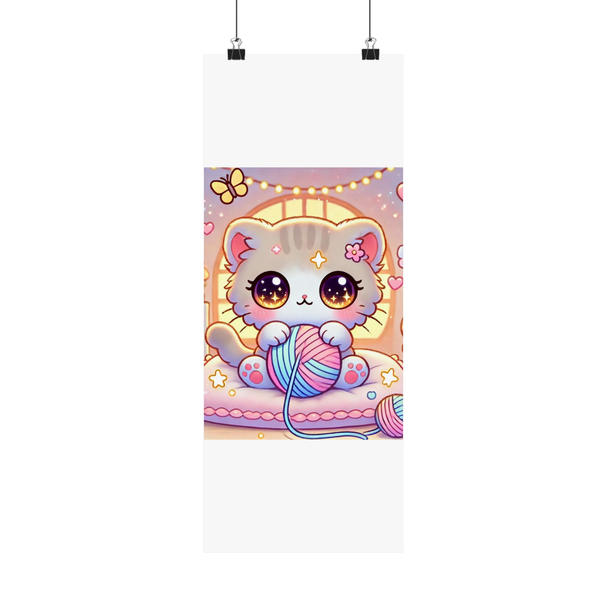 Cozy Kawaii Knitting Cat Pastel Yarn Wall Art Poster