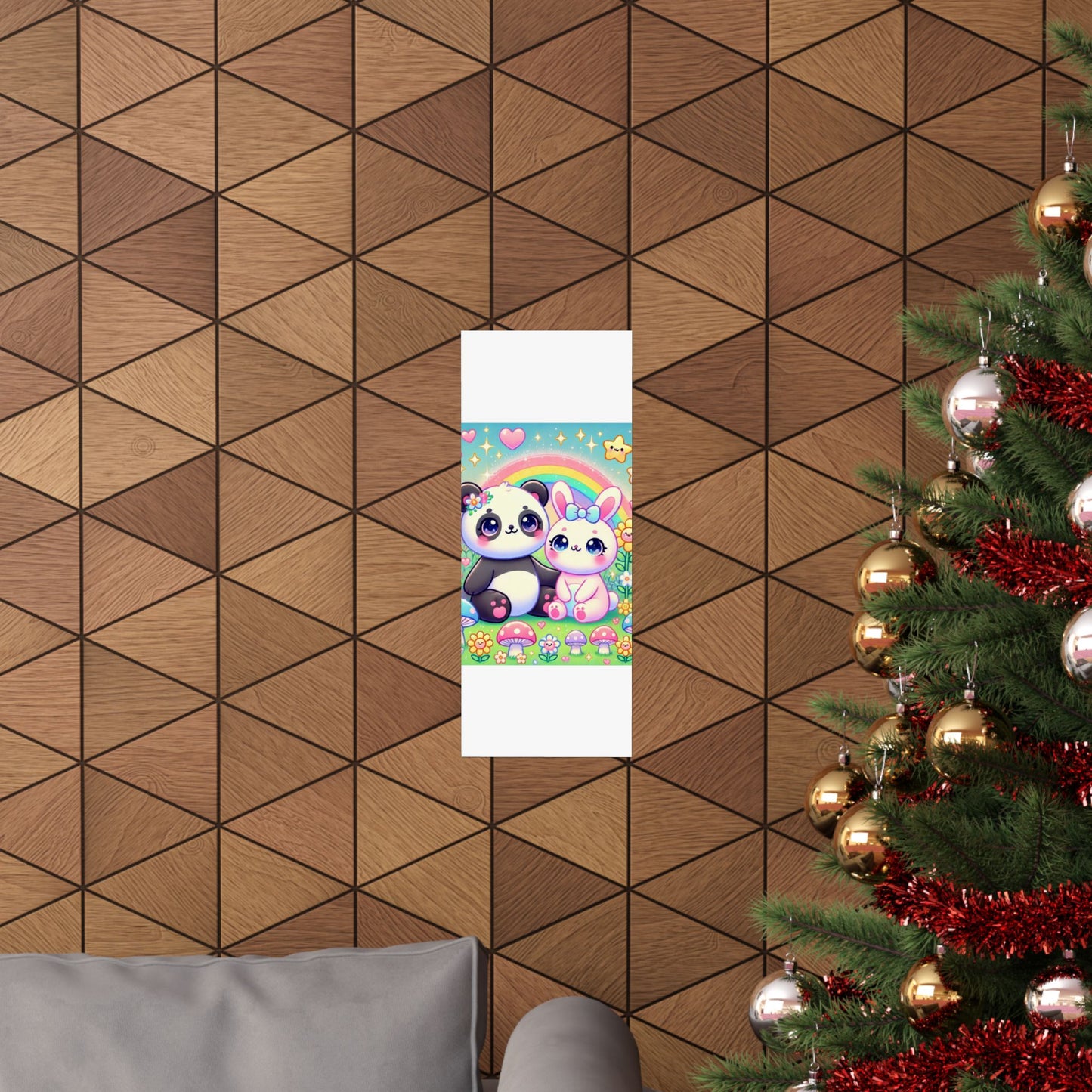 Pastel Panda and Bunny Rainbow Garden Wall Art Poster