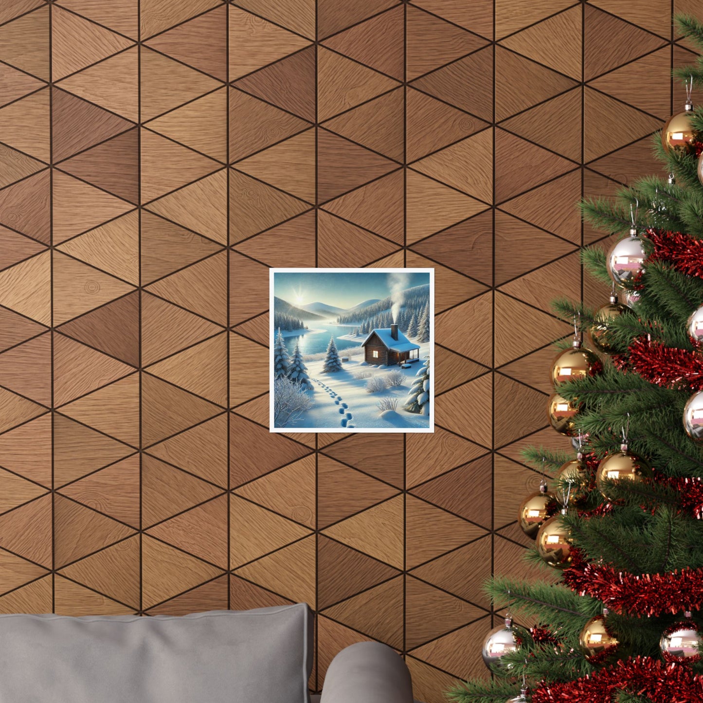 Snowy Cabin Winter Lake Landscape Art Poster