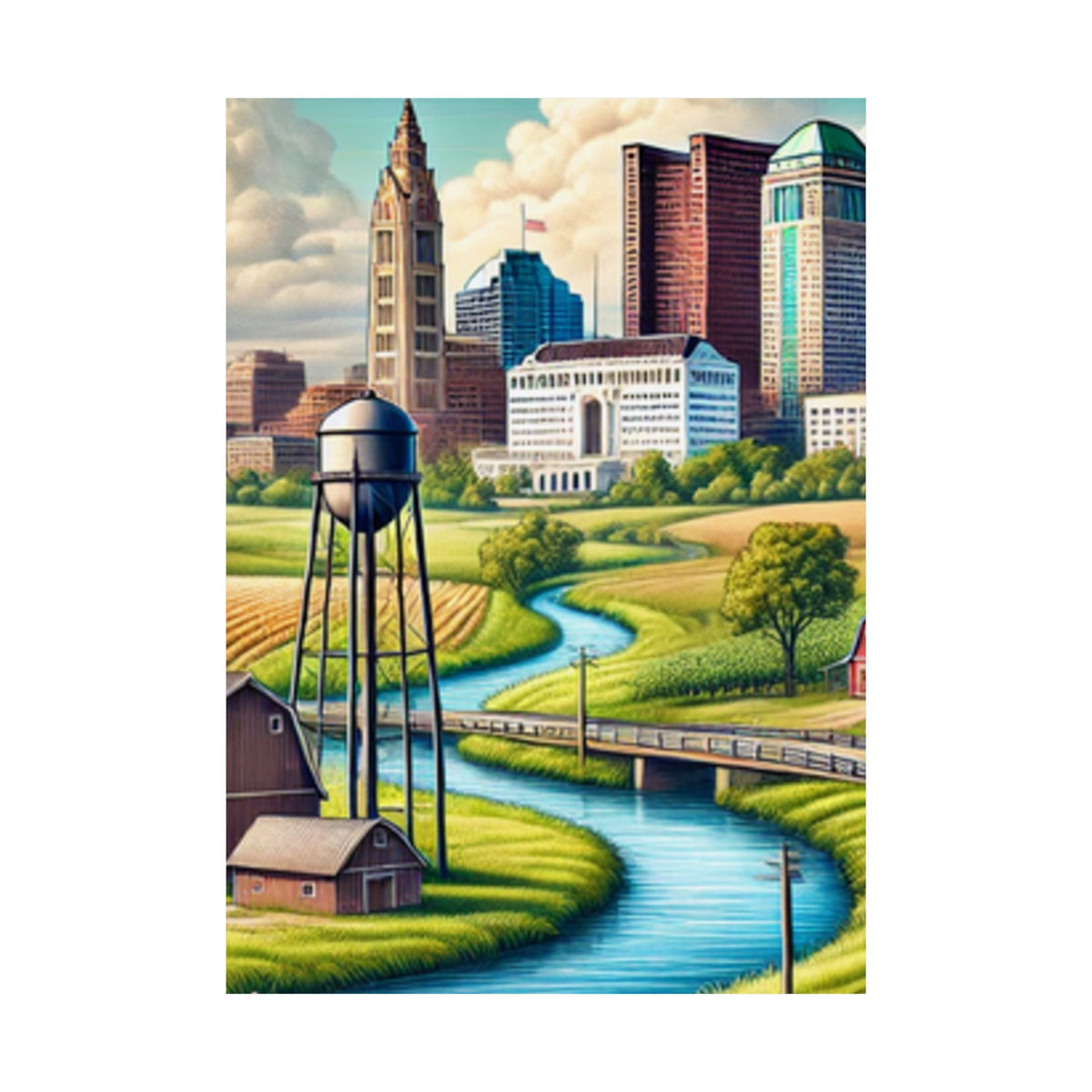 Rural River City Skyline Hometown Landscape Poster Art