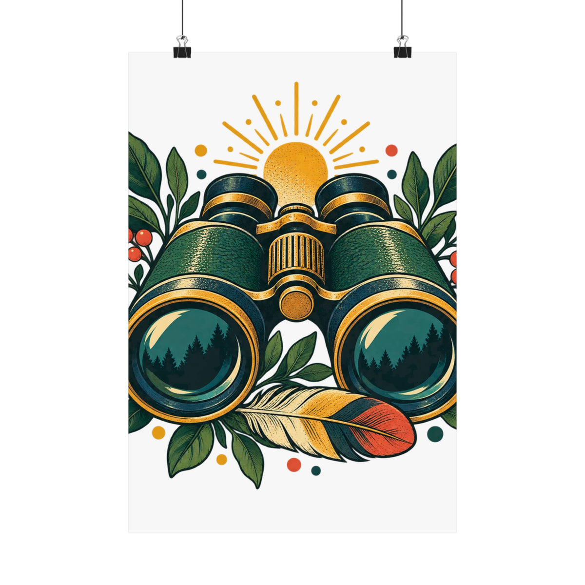 Retro Binoculars and Botanical Birdwatching Art Poster