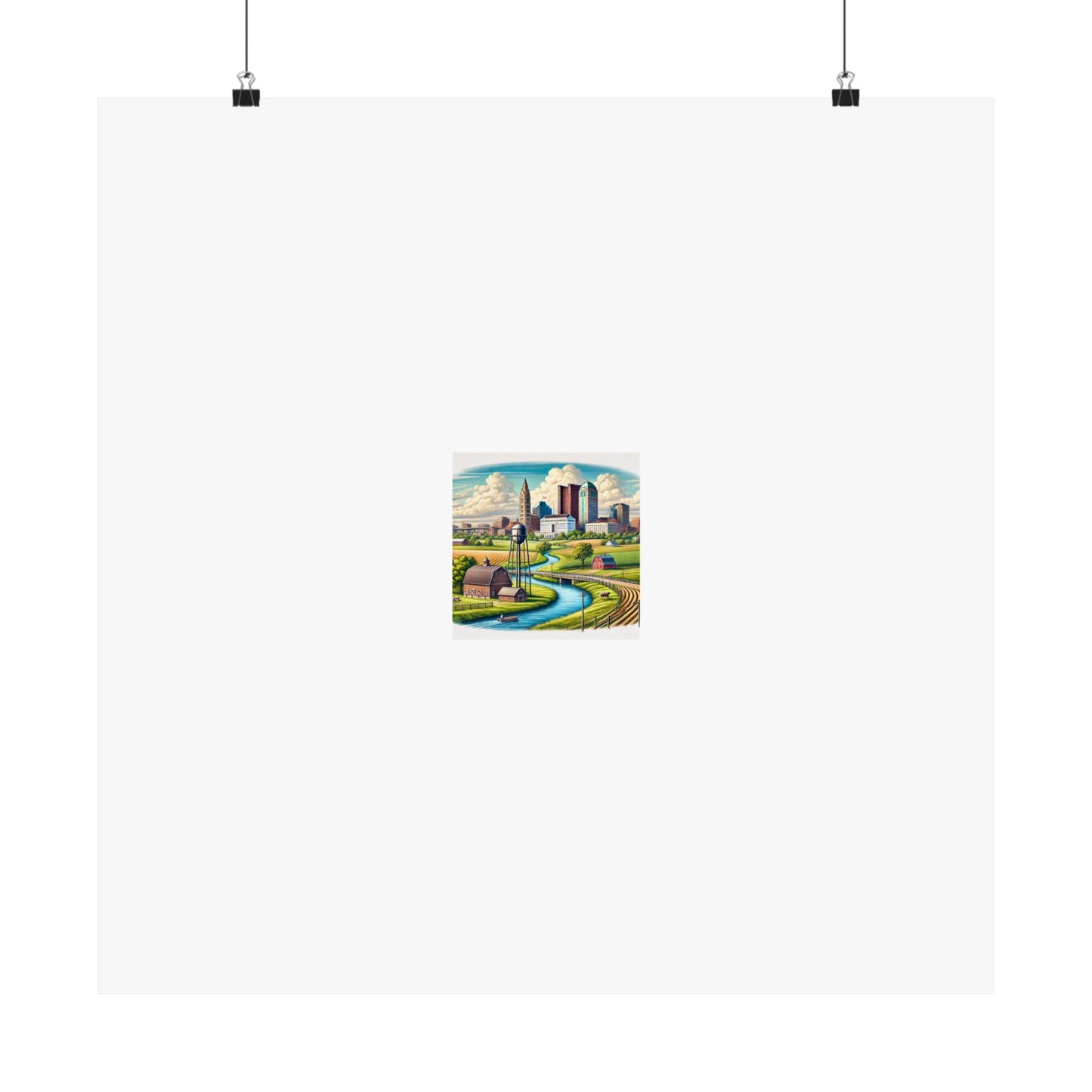 Rural River City Skyline Hometown Landscape Poster Art