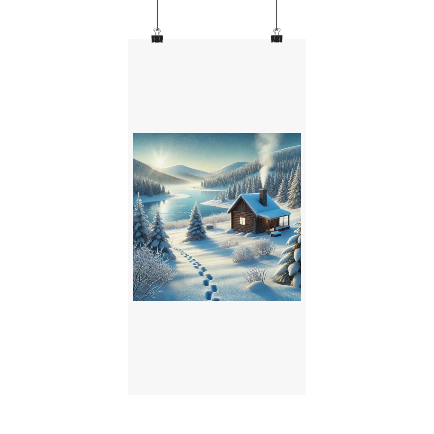 Snowy Cabin Winter Lake Landscape Art Poster