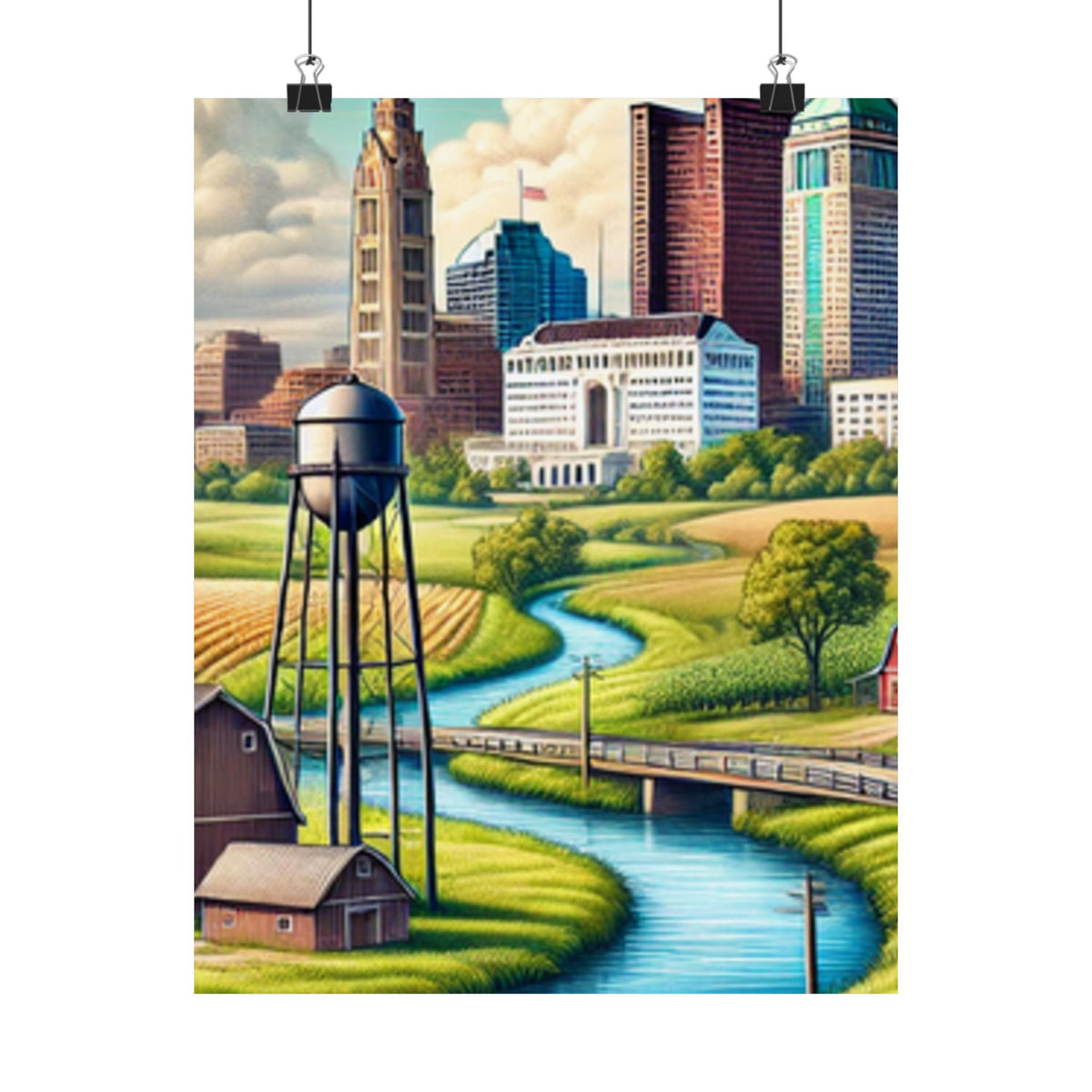Rural River City Skyline Hometown Landscape Poster Art
