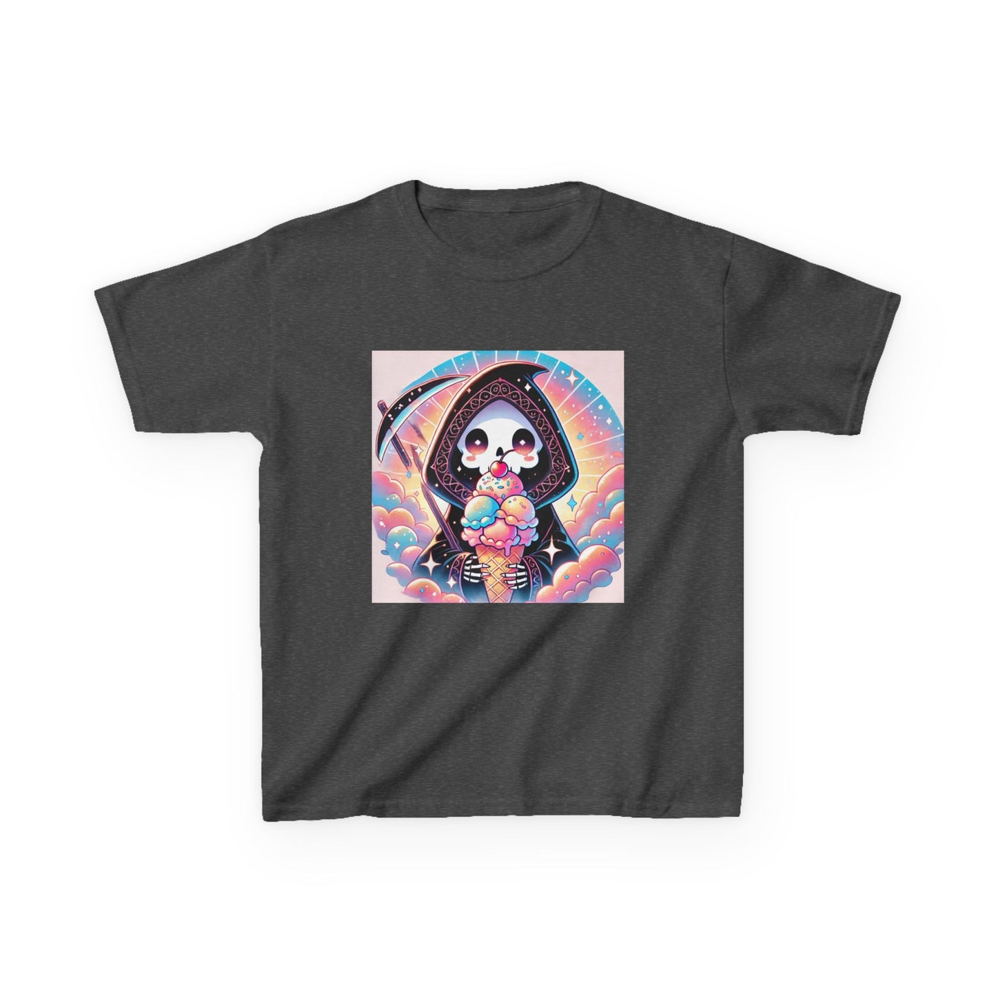 Grim Reaper Ice Cream Kawaii Anime Kids Short Sleeve Tee - Cute & Stylish Graphic T-Shirt - Fun Gift for Boys Girls!