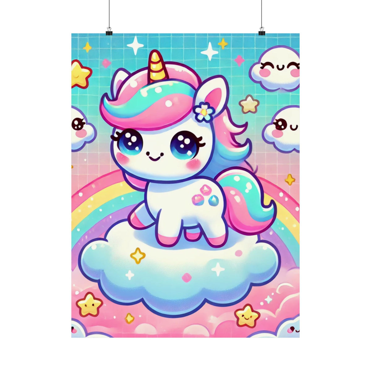 Pastel Rainbow Unicorn Cloud Kawaii Wall Art Poster
