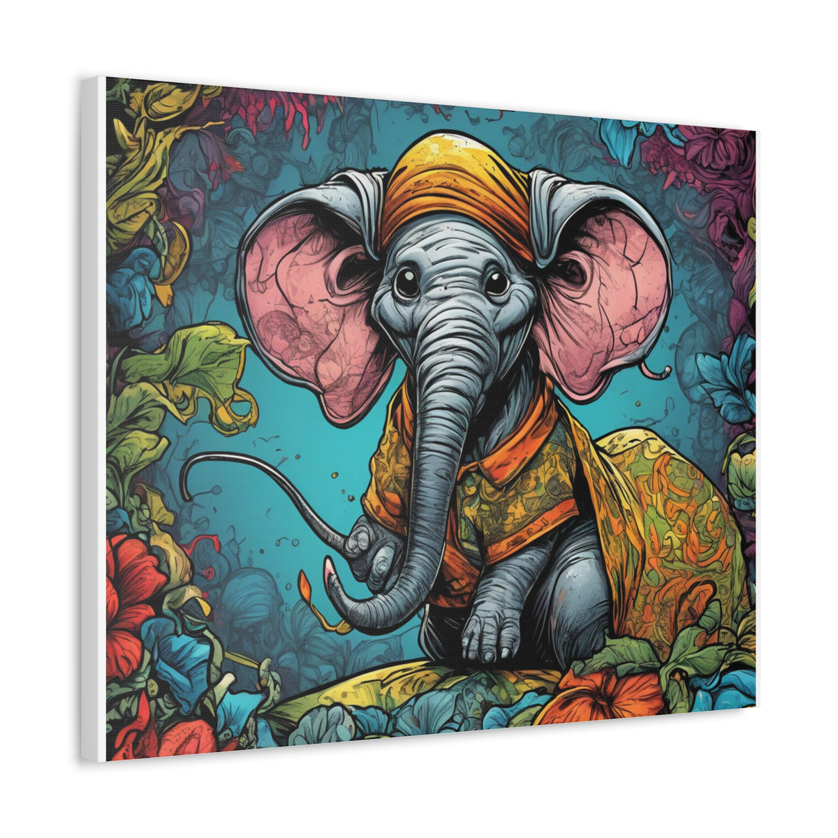 Colorful Storybook Elephant Floral Garden Canvas Wall Art