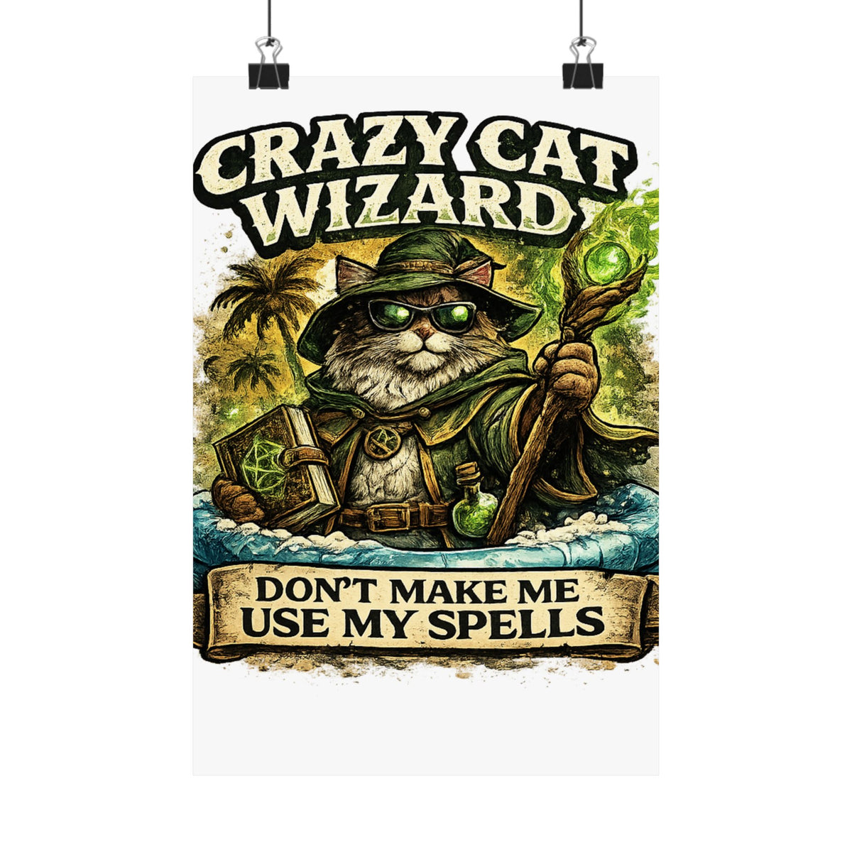 Crazy Cat Wizard Funny Fantasy Magic Art Poster