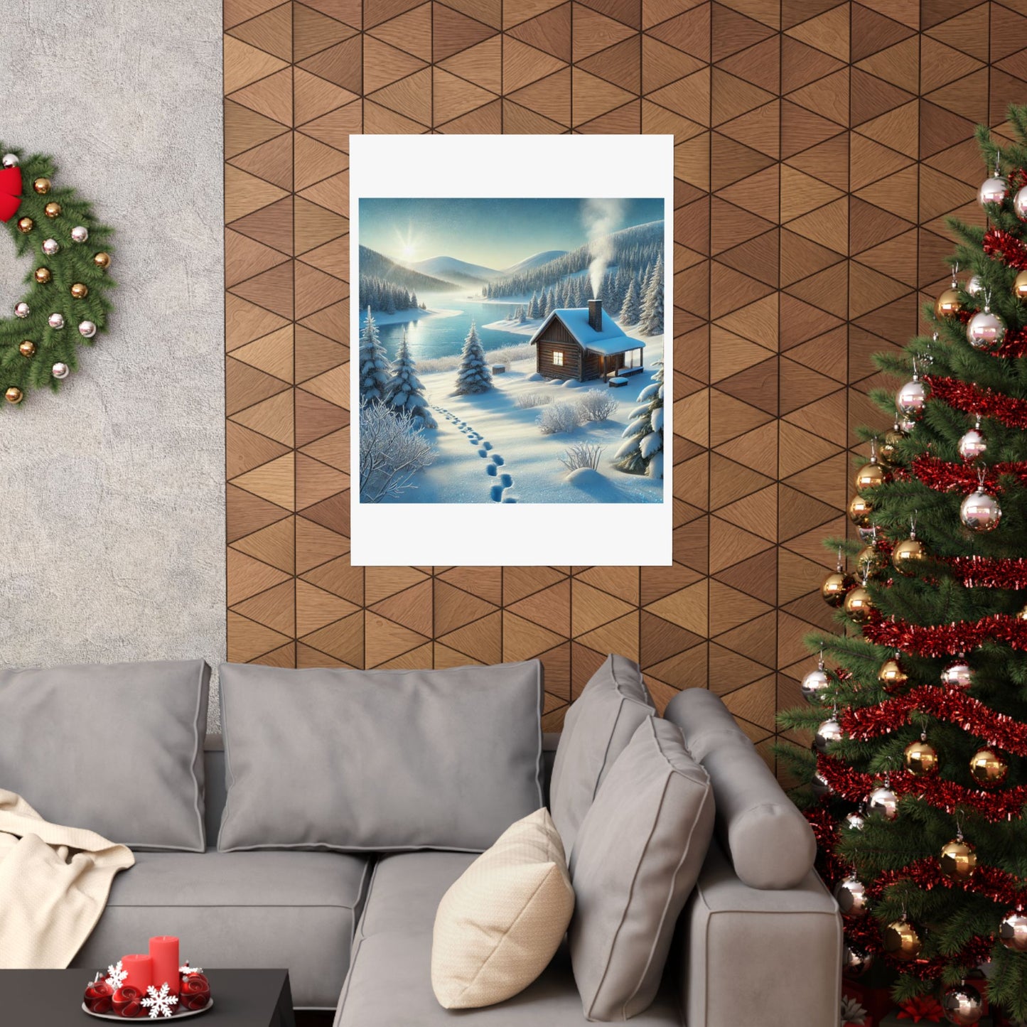 Snowy Cabin Winter Lake Landscape Art Poster