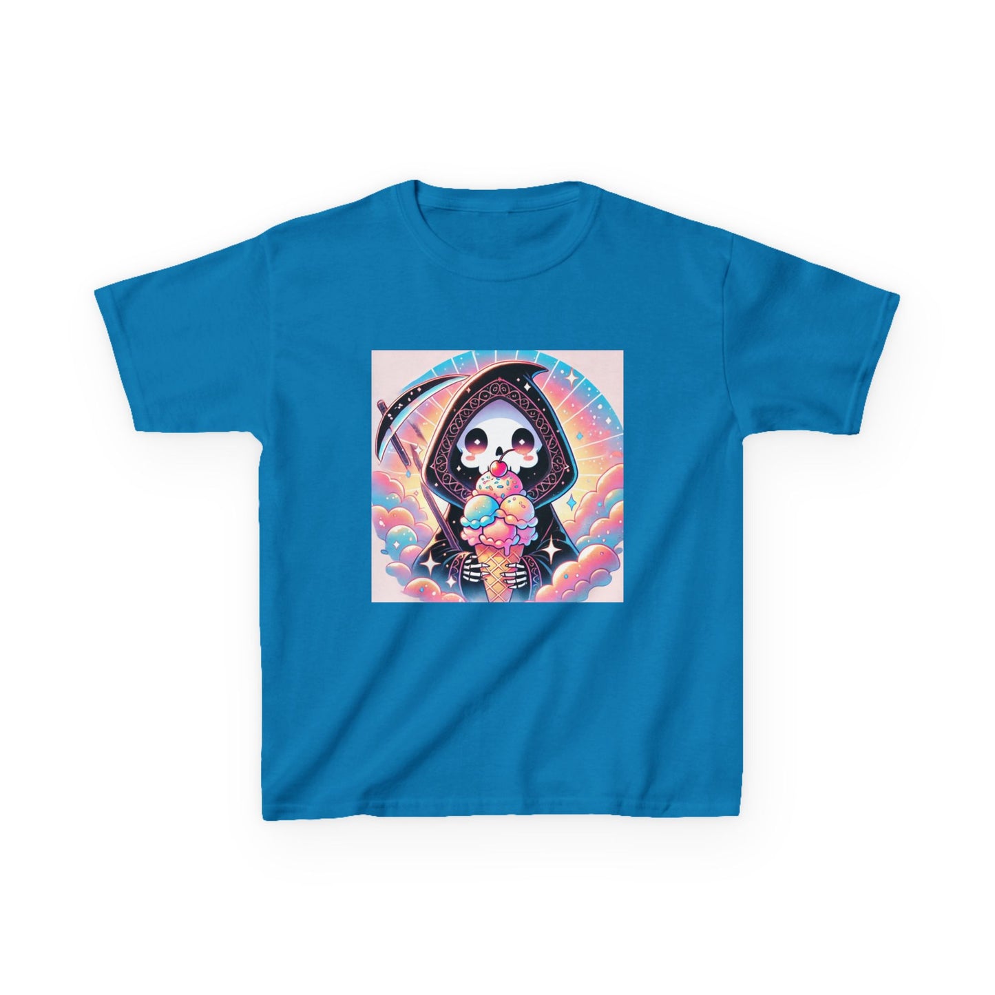 Grim Reaper Ice Cream Kawaii Anime Kids Short Sleeve Tee - Cute & Stylish Graphic T-Shirt - Fun Gift for Boys Girls!