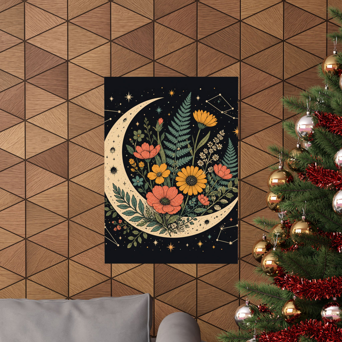 Celestial Wildflower Crescent Moon Botanical Art Poster