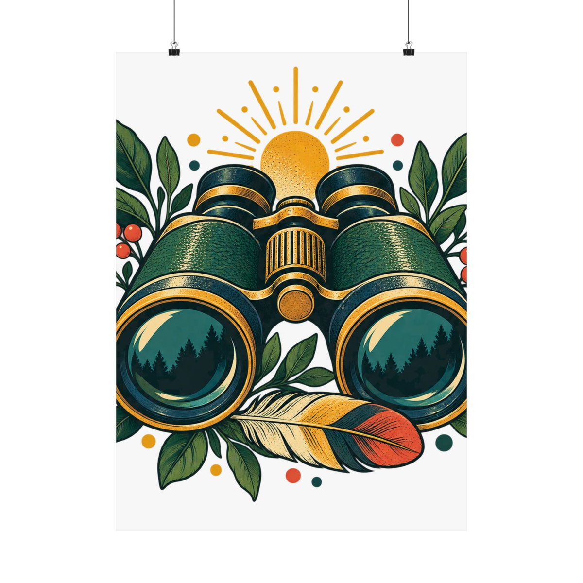 Retro Binoculars and Botanical Birdwatching Art Poster