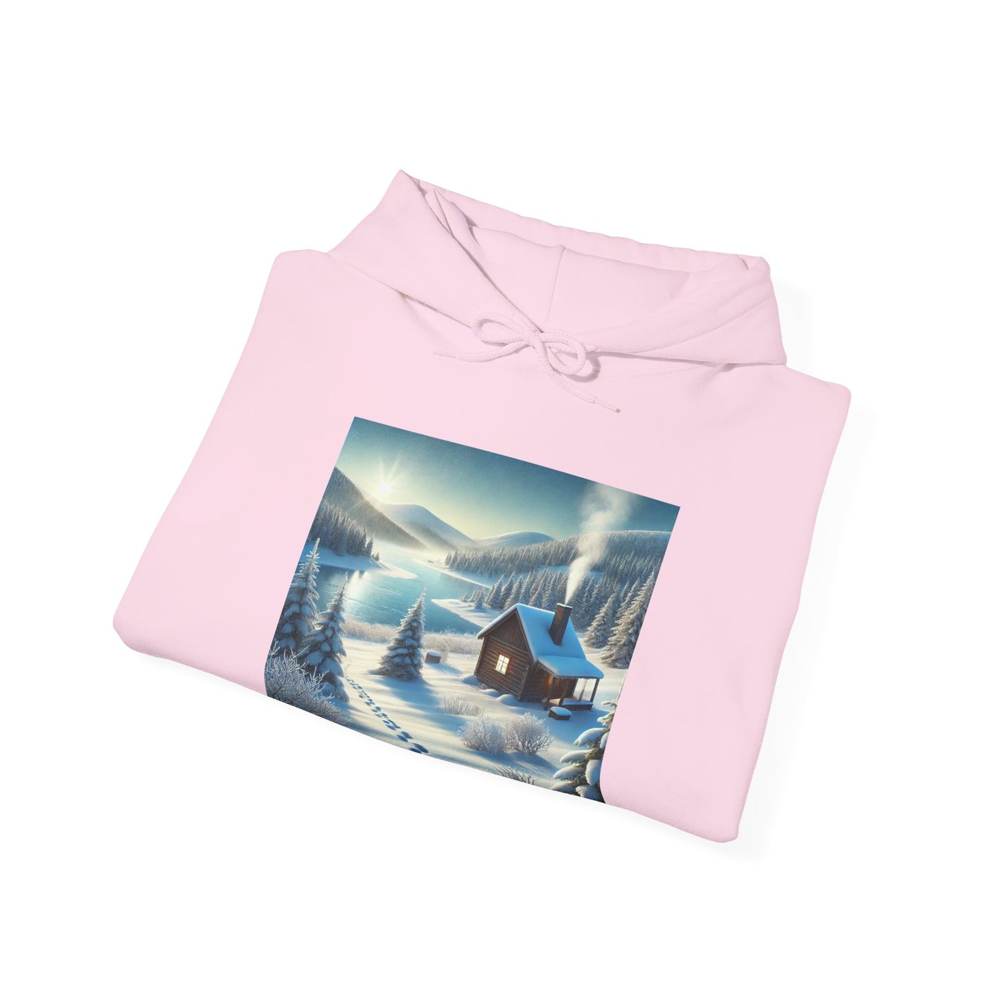 Snowy Cabin Winter Lake Landscape Art Hoodie