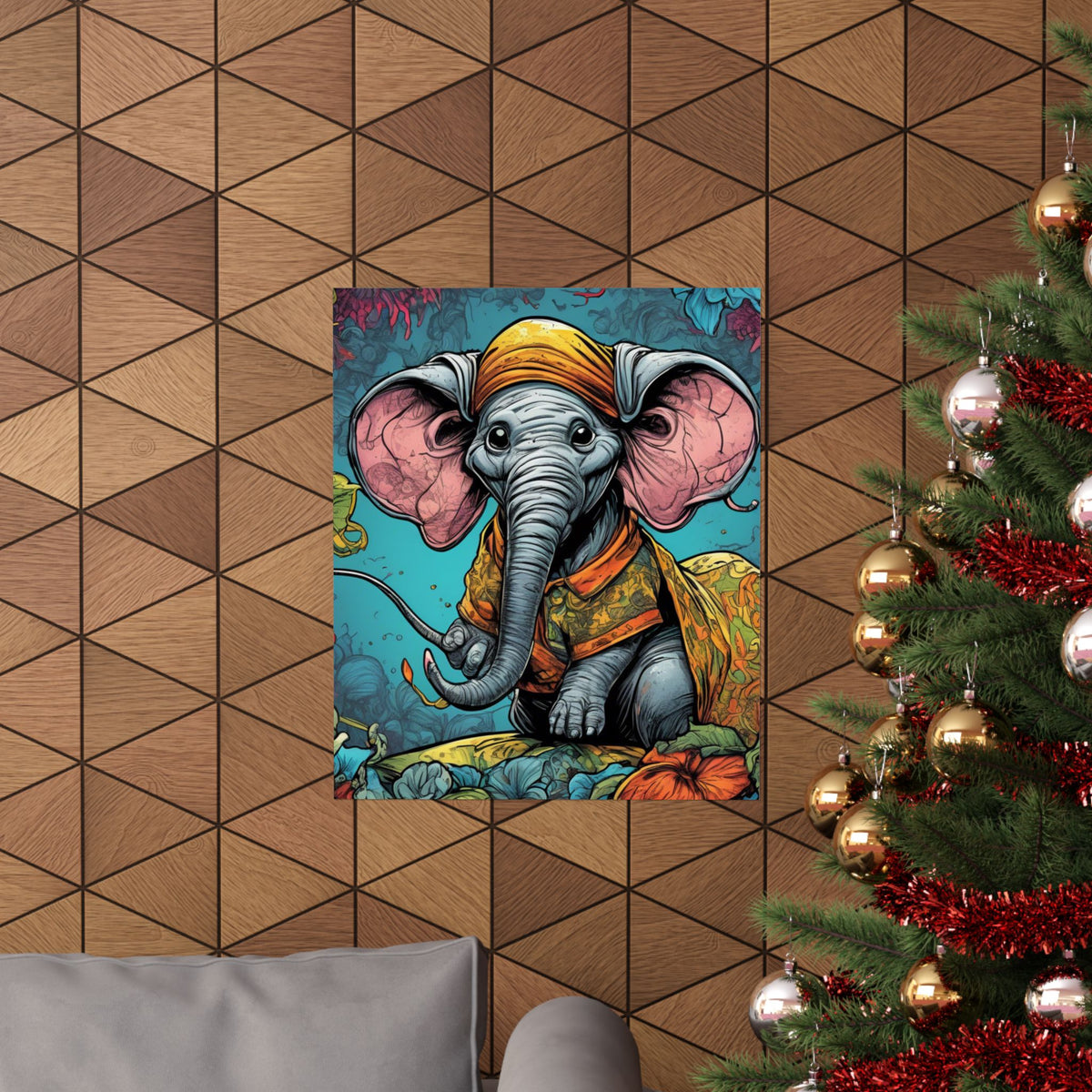 Colorful Storybook Elephant Floral Garden Wall Art Poster