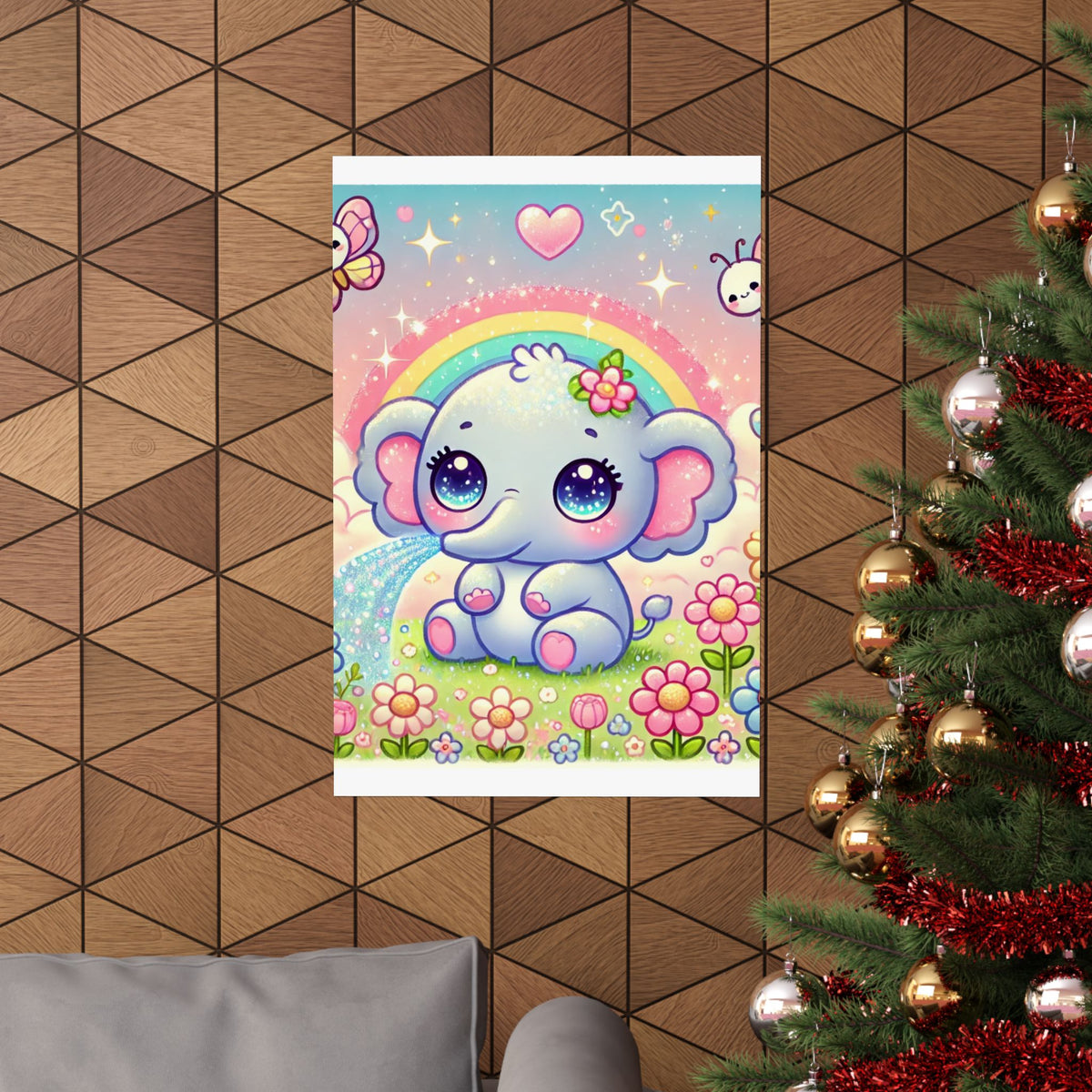 Pastel Rainbow Baby Elephant Floral Wall Art Poster