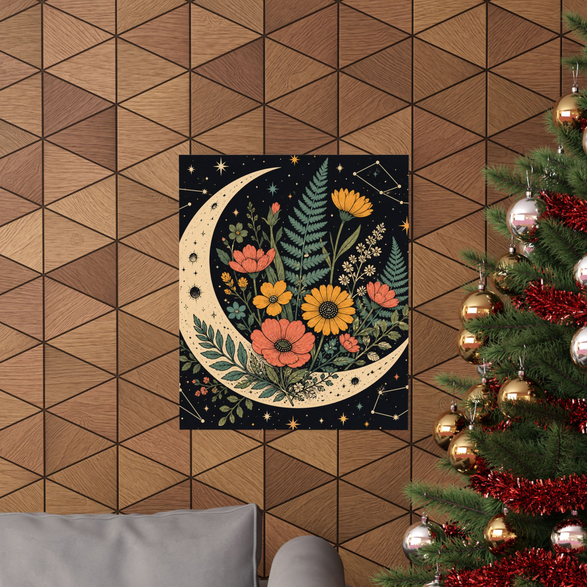 Celestial Wildflower Crescent Moon Botanical Art Poster