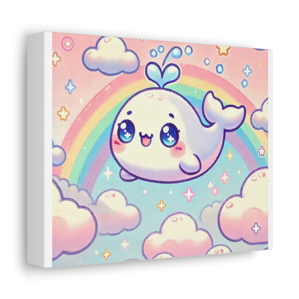 Kawaii Rainbow Whale Pastel Cloud Canvas Wall Art